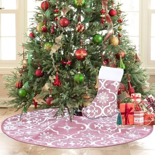 Eternal Beauty 48in Rose Pink Christmas Tree Skirt with Christmas Stocking, Tree Skirt for Xmas Slim Trees Decorations
