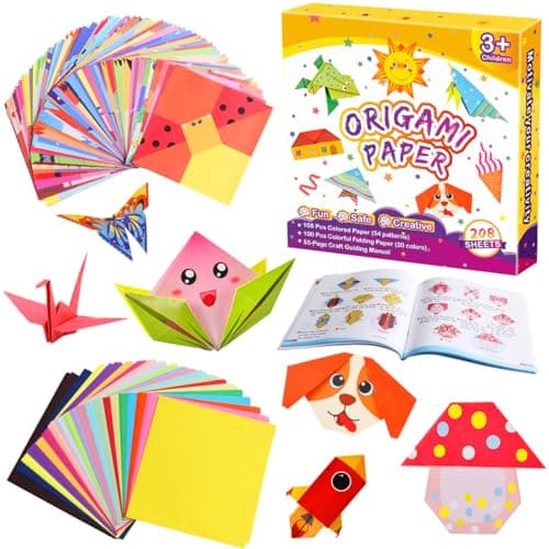 Pigipigi Kids Craft Origami Paper Kit for Kids Ages 5-8 8-12, with Guiding Book, 208 Sheets DIY Art and Crafts Supplies, Colorful Folding Papers Set Projects Gifts Activity for Boy Girl Toys(Cartoon)