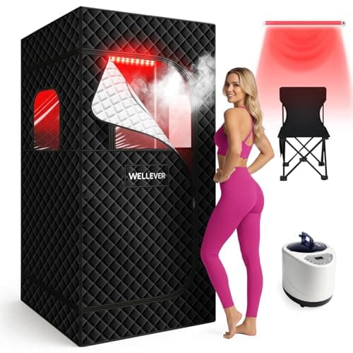 WELLEVER Infrared Home Steam Sauna Box, Portable Personal Full Body Sauna Spa Tent at Home for Relaxation with Red Light Therapy Lamp, 3L Steamer, Folding Chair