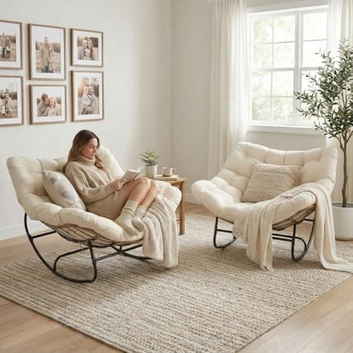 Nestilly Outdoor Rocking Chairs Set of 2, Oversized Outdoor Papasan Rocking Chair with 6" Cushion,Patio Egg Rocking Lounge Furniture Chair for Bedroom, Living Room, Porch, Garden, Lawn,Balcony，Beige