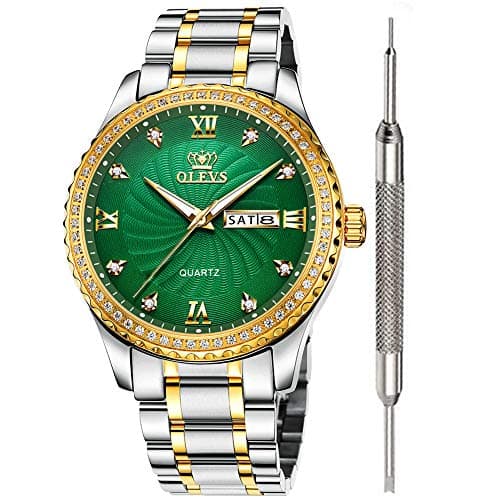 OLEVS Men's​​ Green Dial CZ​​ Watches for Men Waterproof Best Fashion Classic Casual CZ Rhinestone Crystal Men's Waterproof Watches Analog Quartz Watch Stainless Steel Classic Rhinestone​​ Wrist Watch