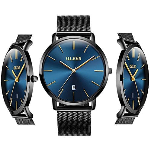 OLEVS Ultra Thin Blue Dial Watches for Men Waterproof Mens Fashion Minimalist Inexpensive Watches with Date Analog Quartz Stainless Steel Couples Watch for Men