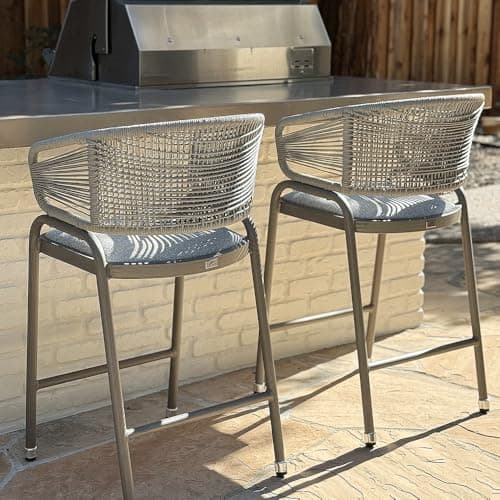 PURPLE LEAF Outdoor 26 Inch Rattan Counter Height Bar Stools Set of 2 Modern Patio Metal Wicker Aluminum Woven Counter Bar Chairs with Wraparound Back with Armrest for Kitchen Garden Indoor Champagne