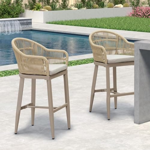 PURPLE LEAF Outdoor Bar Height Stools Set of 2 Patio Metal Modern Wicker Rattan Bar Chairs Woven Aluminum Barstools with Back and Cushions for Balcony Garden Indoor Kitchen Outside Champagne