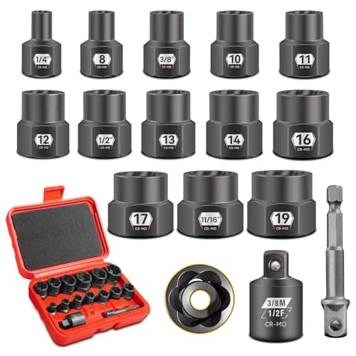 15-Piece 3/8" Drive Impact Bolt Extractor Set, Easy Out Stripped Lug Nut Removal Tool for Broken, Rusted, Rounded, Damaged Nuts & Screws, Twist Designed, with Heavy Duty Case, Reducer, Hex Adapter
