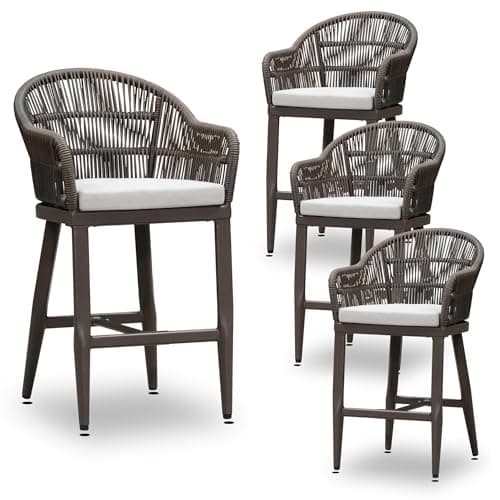 PURPLE LEAF Outdoor Counter Height Bar Stools Set of 4 Patio Metal Modern Wicker Rattan Bar Chairs Woven Aluminum Barstools with Back and Cushions for Balcony Garden Indoor Kitchen Outside Coffee