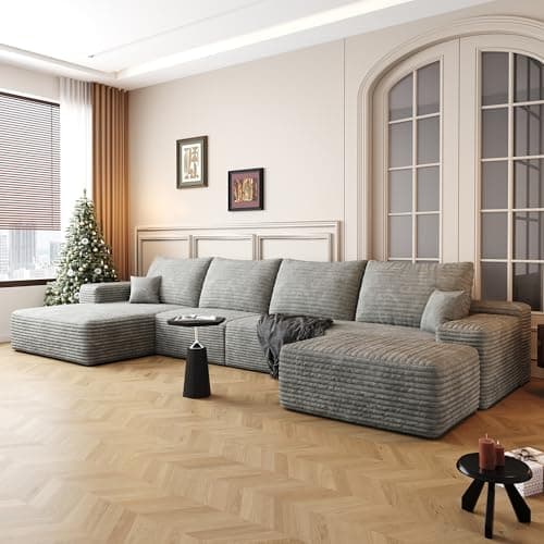 RENDGO 135" Cloud Sectional Boneless Sofa with 1 Ottoman,Modern Minimalist Upholstered Couches,Comfort U Shaped Sofa for Living Room,Deep Seat Corner Couch,No Assembly Required,Grey