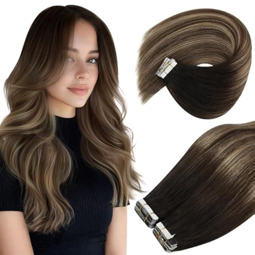 Ve Sunny Tape in Hair Extensions Real Human Hair Invisible Remy Human Hair Straight Tape Ins Double Sided Natural Black Ombre Dark Brown Balayage Ash Blonde 24 inch 20Pcs 50G