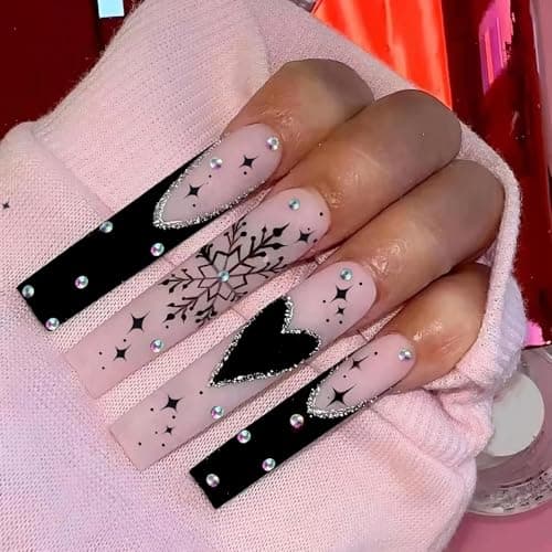 Melines 24pcs Christmas Black Long Square French Tips Press On Nails with Snowflakes, hearts and stars for Themed Costumes, Reusable Nail Kit with Nail Adhesive Tabs Mini Nail File, 12 Sizes (Black)