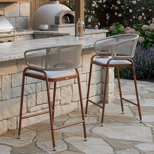 PURPLE LEAF Outdoor 30 Inch Rattan Bar Height Stools Set of 2 Modern Patio Metal Wicker Barstools Aluminum Woven Bar Chairs with Wraparound Armrest Back for Kitchen Garden Indoor Teak