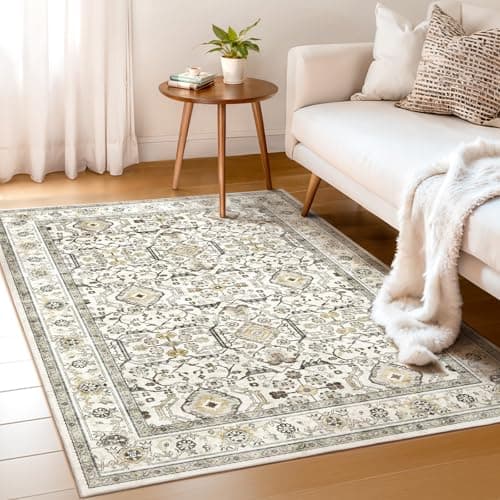 WITSHOCK Living Room Area Rugs 4x6: Washable Rug Boho Soft Non-Slip Low Pile Stain Resistant Foldable Carpet for Bedroom Playroom Dining Room Office Kitchen Farmhouse Home Decor Rug-Cream Color