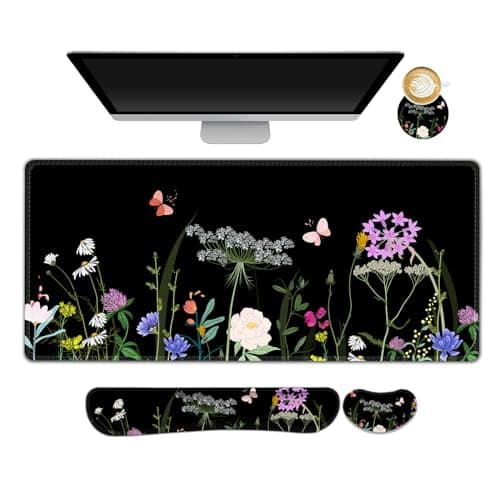 Lauspuck Desk Mat, Gaming Mouse Pad Wrist Rest Support Weeds, XXL Large Mousepad + Keyboard Wrist Support +Mouse Wrist Rest+Coaster Set with Ergonomic Design 4in1 for Home Office, Black Garden Flower
