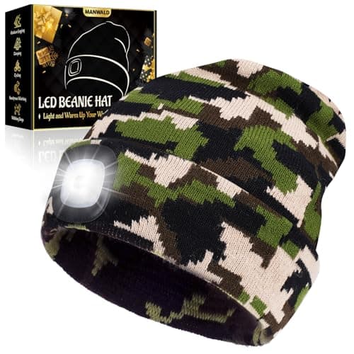 MANWALD LED Beanie Hat with Light, USB Rechargeable LED Headlamp, Gifts for Men, Christmas Stocking Stuffers for Men Adults, Birthday Gifts for Him Dad Husband, Boyfriends, Black, Camouflage