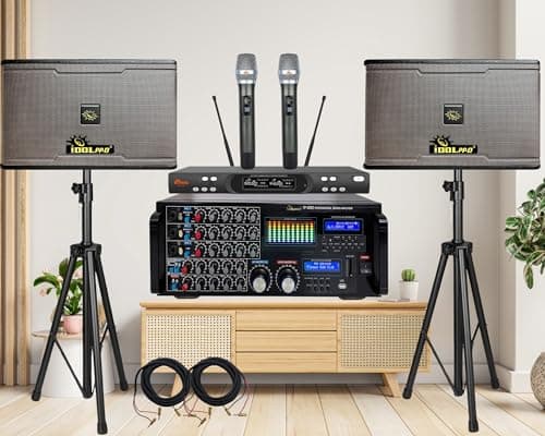 IDOLpro 3000W Mixing Amplifier with HDMI/Recording/USB/Bluetooth Plus Dual 1200W Speakers and Dual Wireless Microphone Home Karaoke System
