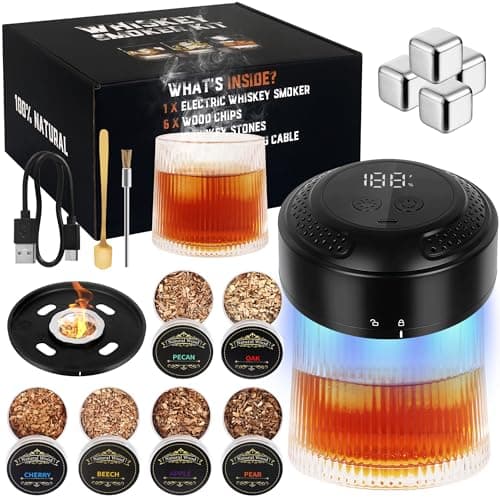 PDQROG Whiskey Smoker Kit, Electric USB Smoked whiskey Kit with 6 Wood Chips & 2 Glasses & 4 Whiskey Stones, RGB Whiskey Gifts with 6 Color LED Light for Man, Husband, Father, Whiskey Lovers, Black