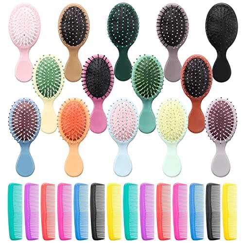 Mini Hair Brush 28 Pack, ANSLCA Hair Brushes Bulk Small Brush Set - Include 14 Travel Brush + 14 Fine Wide Detangling Hair Combs Wet Dry Hair for Girls Women Boys Men Kids (Stylish Colorful)