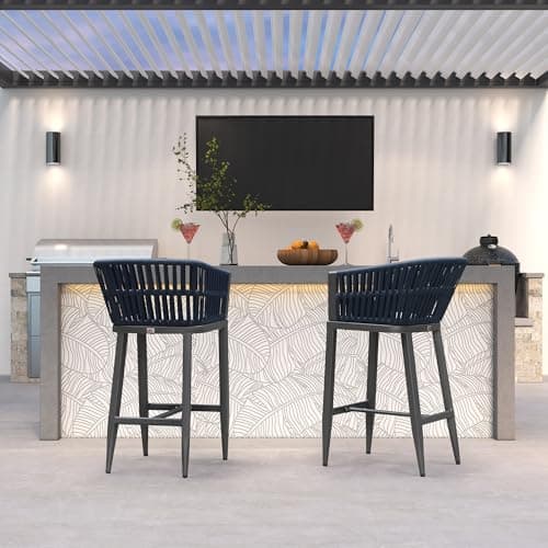 PURPLE LEAF Outdoor Bar Height Stools Set of 2 for Overweight Wicker Rattan Patio Barstools Woven Modern Bar Chairs with Backrest and Cushions for Garden Outside Grey