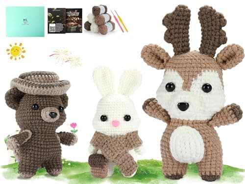 DoodleTwyst Amigurumi Crochet Kit – DIY Crochet Kit with Yarn & Tools – Fun Crochet Kits for Adults to Make Bear, Bunny & Reindeer Stuffed Animals