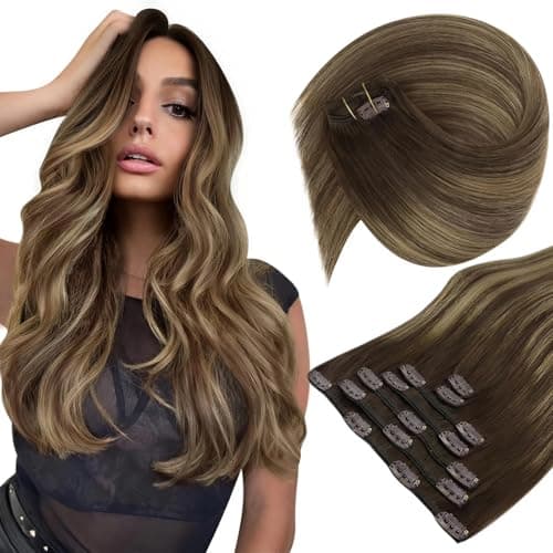 Sunny Hair Clip in Hair Extensions Straight Human Hair Clip in Extensions Remy Clip in Hair Extensions Real Human Hair Extensions Clip ins Balayage Chocolate Brown Ombre Caramel Blonde 16inch