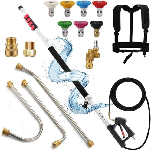 24 FT Aluminum Pressure Washer Extension Wand with 2 Pressure Washer Extension Wands, Gutter Cleaner Attachment, 7 Spray Nozzle Tips, 2 Hose Inlet Adapters, Pivoting Coupler and Support Belt