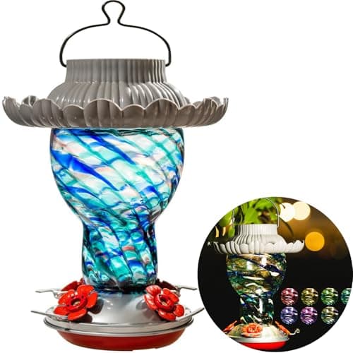 Laelvish Garden Solar Hummingbird Feeder for Outdoors Hanging Ant and Bee Proof, 25oz Color Changing Light Hand Blown Glass, Leakproof Garden Decor, Gitfs for Bird Lover (Blue)