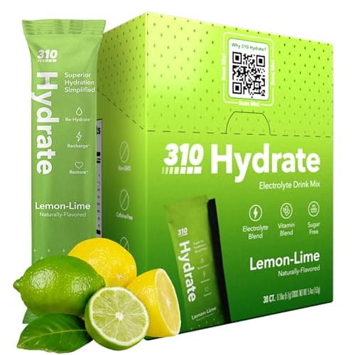 310 Nutrition Sugar Free Electrolytes Powder - Instant Hydration Packets for Daily Fluid Balance - Caffeine-Free Rehydration Drink Mix w/Vitamins, Low Calorie & Keto Friendly - Lemon Lime 30 Singles