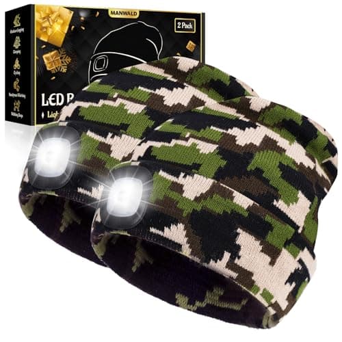 MANWALD LED Beanie Hat with Light, USB Rechargeable LED Headlamp, Christmas Stocking Stuffers for Men Adults, Gifts for Men Him Husband, Camouflage, 2PCS