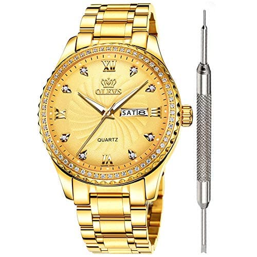 OLEVS Luxury Men's Gold Plated Dress Crystal​​ Watches for Men Waterproof Gold Plated Classic CZ Calendar Date Analog Quartz Stainless Steel Christmas Gift Watch for Him