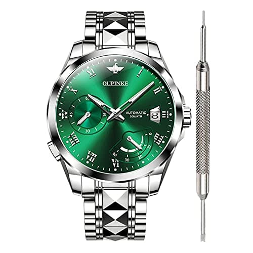 OUPINKE Green Face Automatic Watches for Men, Waterproof Self Winding Mechanical Watches, Fashion Men's Metal Wrist Watch