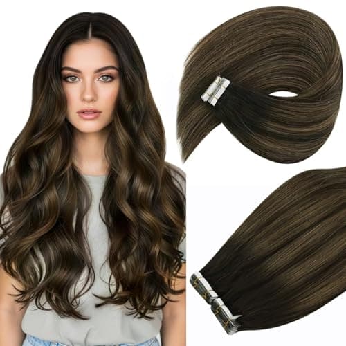 Ve Sunny Tape in Hair Extensions Real Human Hair Invisible Remy Human Hair Straight Tape Ins Double Sided Darkest Brown Ombre Medium Brown Balayage 20 inch 20Pcs 50G