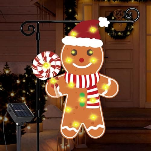 GOAUS Gingerbread Man Garden Flag Solar Lighted, Ginger Bread Christmas Decorations Outdoor, 12x18 Inches Double Sided Oxford Decorative Flag for Yard Outside Decor Boy