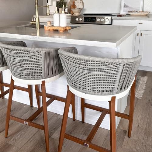PURPLE LEAF Outdoor Rattan Counter Height Bar Stools Set of 2 Modern Patio Aluminum Woven Counter Chairs with Wicker Wraparound Back with Armrest for Kitchen Indoor Teak