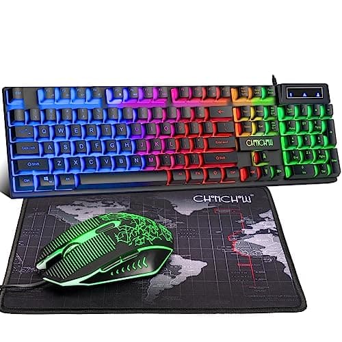 CHONCHOW Gaming Keyboard and Mouse Led Backlit USB Wired with Light Up 104Key 3600DPI 2 Side Button Mouse Keyboard Mechanical Feeling Compatible with PC Mac OS Xbox Ps4 Ps5 with Mousepad