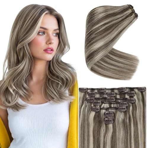Ve Sunny Real Hair Extensions Clip in Human Hair Light Brown Highlights Platinum Blonde Hair Extensions Clip ins Thick Remy Straight Human Hair for Women 7pcs 120g 18 inch