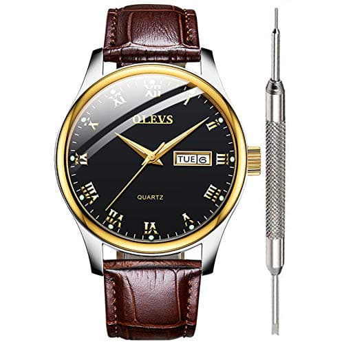 OLEVS Black Brown Leather Watch for Men Calendar Waterproof Black Mens Watches Inexpensive Great Analog Quartz Wrist Watches for Men