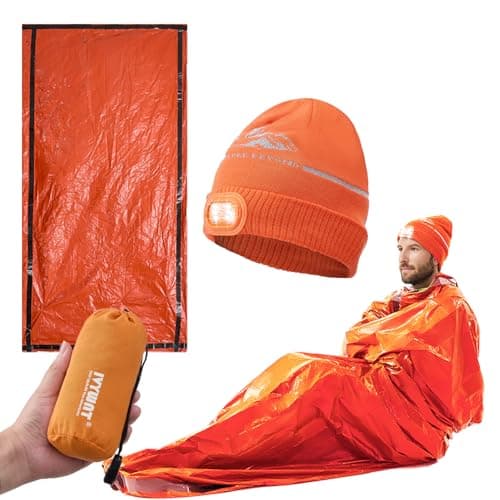 IVYWNT Emergency Sleeping Bag & LED Beanie Kit - Portable Bivy Sack Blanket, Winter Warm Knitted Hat with Light, Waterproof Survival Gear for Camping Hiking Adventure, Orange
