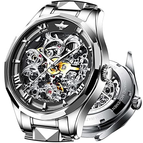 Automatic Men's Watches Skeleton Mechanical Mens Watch Self Winding Stainless Steel Fashion Luxury Sapphire Crystal Watches Silver Black Movement Dress Two Tone Gold OUPINKE Wristwatches