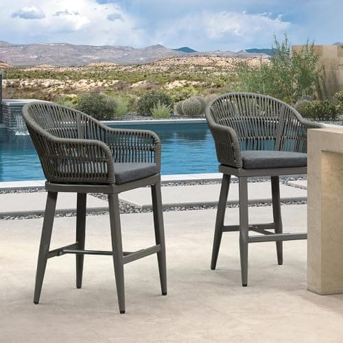 PURPLE LEAF Outdoor Counter Height Bar Stools Set of 2 Patio Metal Modern Wicker Rattan Bar Chairs Woven Aluminum Barstools with Back and Cushions for Balcony Garden Indoor Kitchen Outside Slate Gray