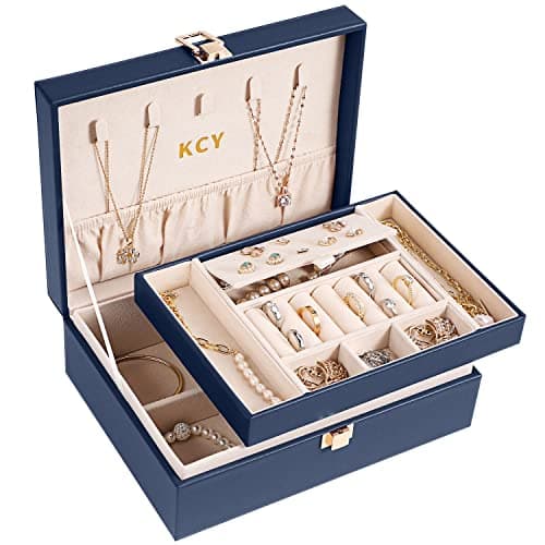 KCY Jewelry Box Organizer for Women Girls,Large PU Leather Jewellery Storage Case with 2 Layers Display Holder & Removeable Tray for Earrings Rings Necklaces Bracelets,Mens Vintage Gift,Blue