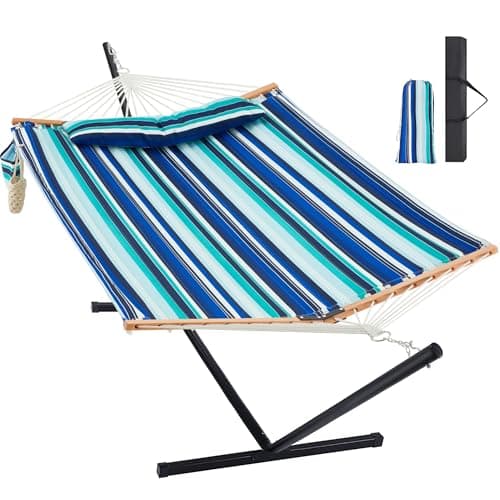 Homgava Two Person Hammock with Stand for Outside Heavy Duty, Outdoor Patio Hammock with Portable Steel Stand, Large Double Hammocks,480lbs Capacity.(Blue Stripes)