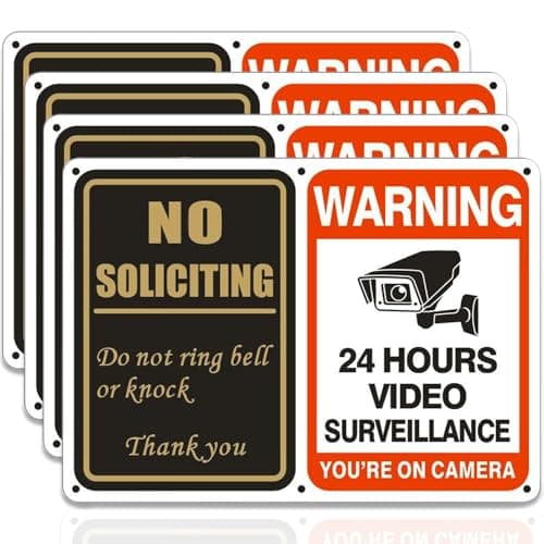 No Soliciting Sign & No Tresspassing Sign 2 in 1 Aluminum UV Ink Printed Yard Sign for House, Yard, Front Door 24 Hours Video Surveillance Private Property Metal Signs 7 x 10 inch(4 PACK)