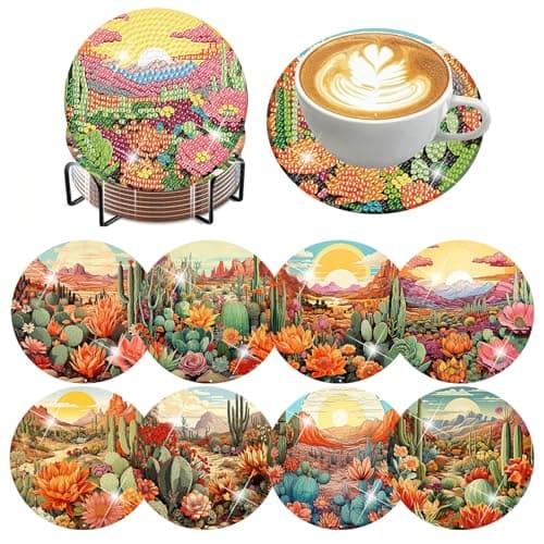 Diamond Art Coasters Kit, 8PCS DIY Diamond Painting Coasters kit for Adults with Holder Cork Pads, Cactus Style Coaster Craft Kit for Home Decor & Gift 4x4in