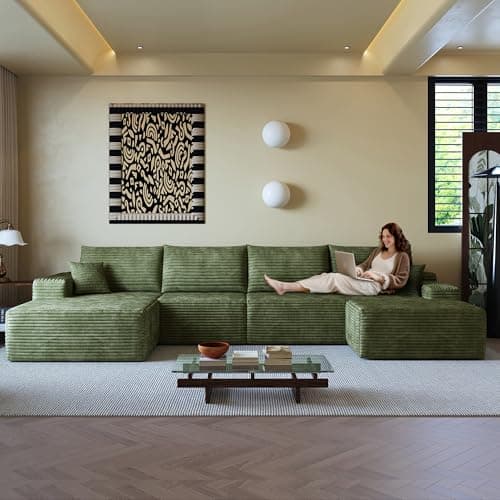 RENDGO 135" Cloud Sectional Boneless Sofa with 1 Ottoman,Modern Minimalist Upholstered Couches,Comfort U Shaped Sofa for Living Room,Deep Seat Corner Couch,No Assembly Required,Camel