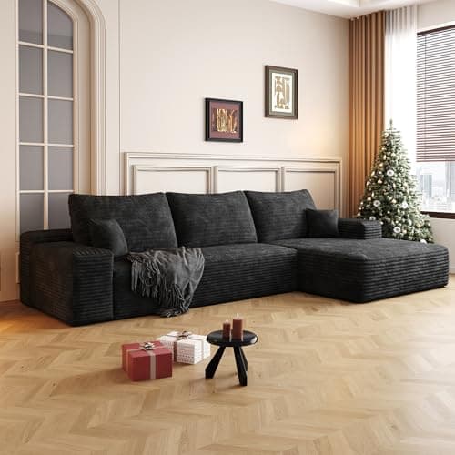 RENDGO 108" Cloud Boneless Sectional Couch for Living Room,Modular L Shaped Couch with Deep Seat Right Facing Chaise,Memory Foam Compressed Spineless 3 Seater Sofa for Apartment,Black