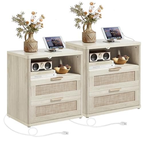 LEYAOYAO Rattan Nightstands Set of 2 with Charger Station, 23" Wide Boho Night Stand with 2 Drawers, Grey White Bedside Table Open Shlef, Bed Side End Table Dresser for Bedroom, Living Room Hallway