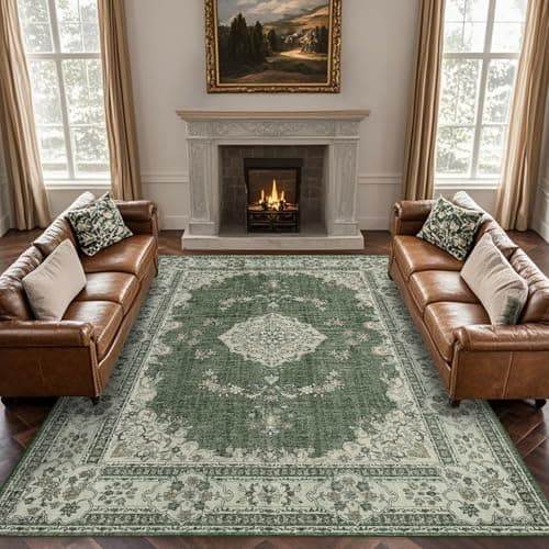 Brevonox 10x14 Area Rug Washable: Oriental Soft Area Rug for Living Room Bedroom No Shedding - Low Pile Thin Carpet Rug for Dining Room Non Slip - Boho Vintage Rug for Home Decor - Olive Green