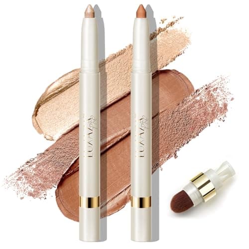 LUXAZA PRO 2PCS Eyeshadow Makeup Stick, Cream Shimmer, Eyeshadow Highlighter Makeup Eye Brightener Pencil Sticks Cosmetics, with Built-in Brush and Sharpener, S1M2 Caramel-latté