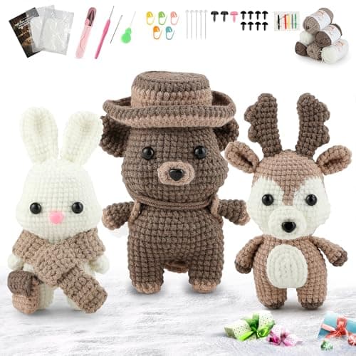 DoodleTwyst Amigurumi Crochet Kit – DIY Crochet Kit with Yarn & Tools – Fun Crochet Kits for Adults to Make Bear, Bunny & Reindeer Stuffed Animals