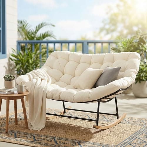 Oversized Outdoor Double Papasan Rocking Chair with 6" Thick Cushion, 2 Person Big Outdoor Comfy Egg Rocking Chair, Large Wide Papasan Rocking Loveseat Sofa for Living Room Patio Garden Backyard