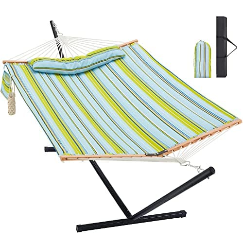 Homgava Two Person Hammock with Stand for Outside Heavy Duty, Outdoor Patio Hammock with Portable Steel Stand, Large Double Hammocks,480lbs Capacity.(Light Blue Stripes)